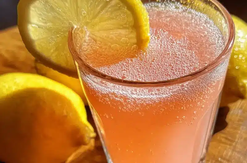 Pink Salt Weight Loss Drink in a clear glass with bubbles and a lemon slice garnish on a wooden surface