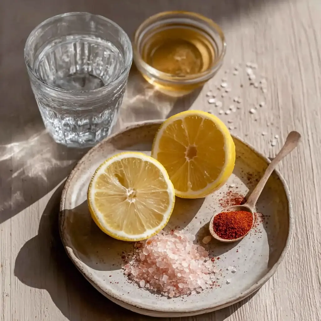 Pink Salt Weight Loss Drink ingredients with lemon halves, pink salt crystals, honey, spices, and a glass of water on a wooden surface