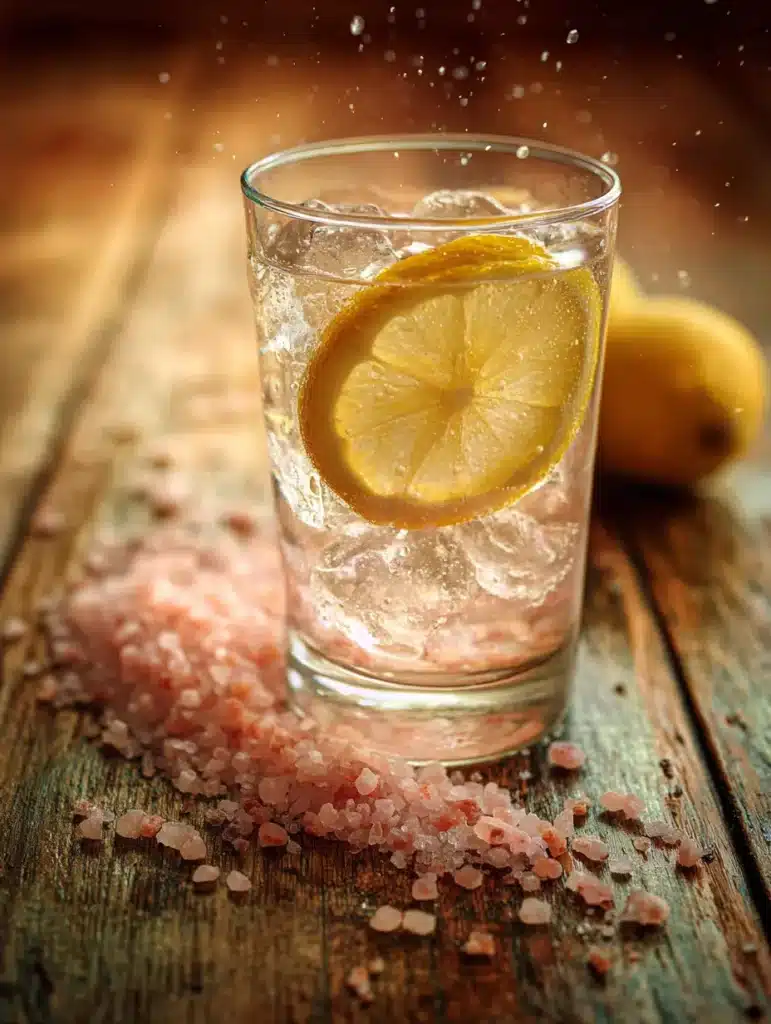 Pink Salt Weight Loss Drink served in a clear glass with ice, lemon slice, and pink salt crystals on a rustic wooden surface