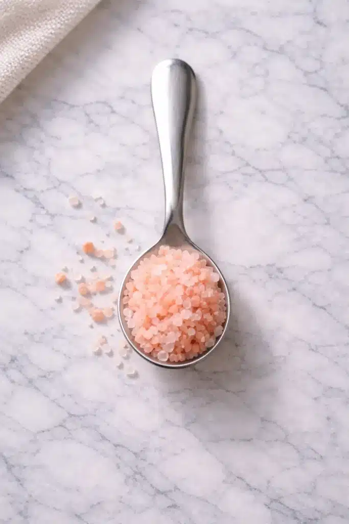 pink salt weight loss guide showing a spoon filled with pink salt crystals on a marble surface