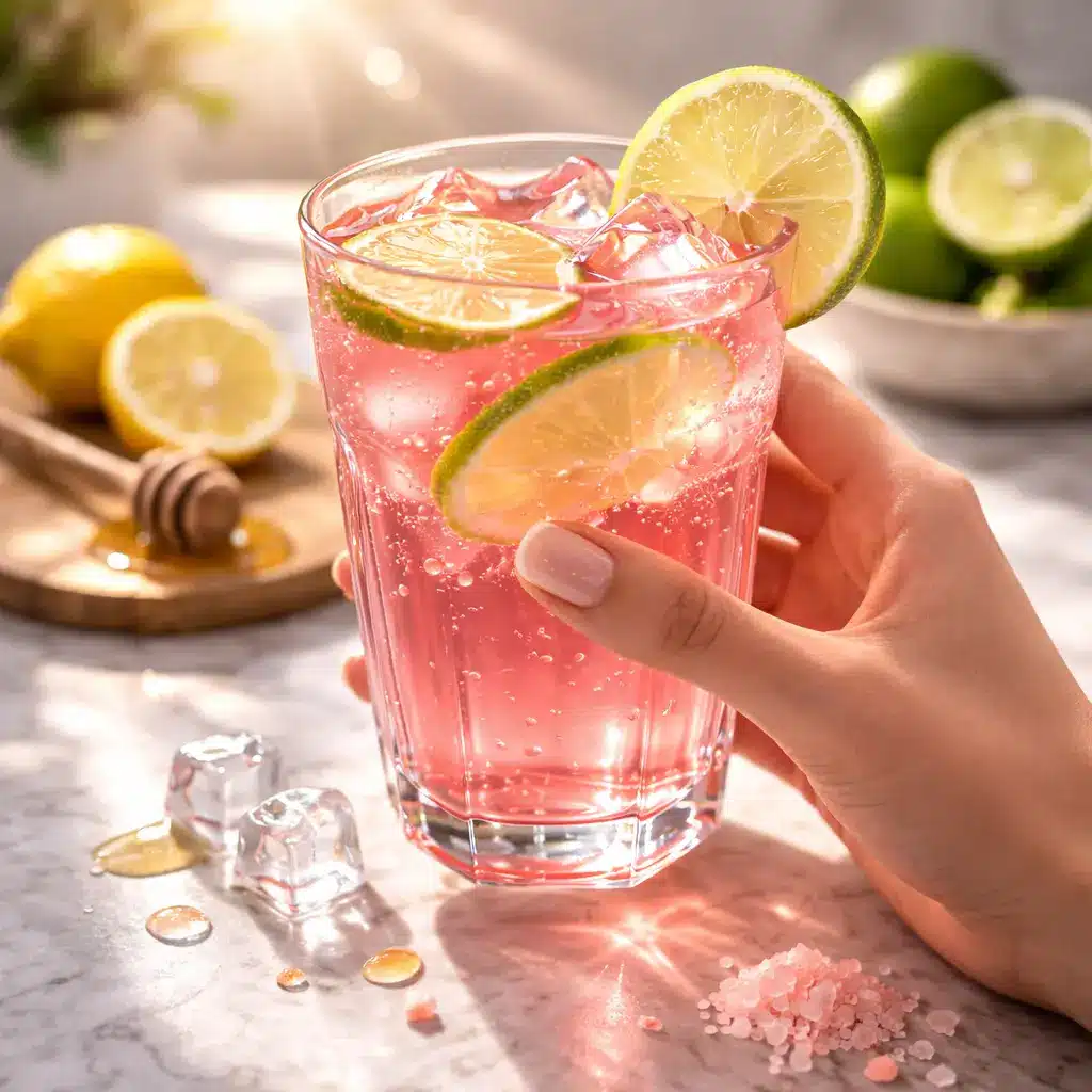 pink salt weight loss guide showing a pink drink held in hand with ice, lime slices, and pink salt crystals on a marble surface