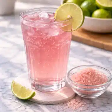pink salt weight loss guide showing a pink drink with ice, lime slice, and a bowl of pink salt on a marble surface
