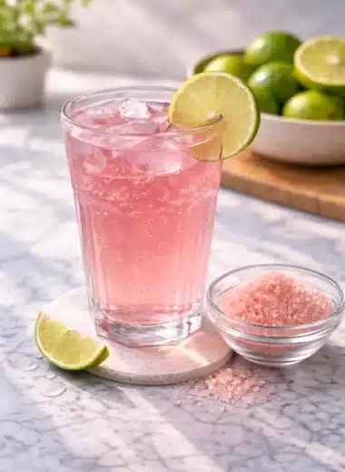 pink salt weight loss guide showing a pink drink with ice, lime slice, and a bowl of pink salt on a marble surface