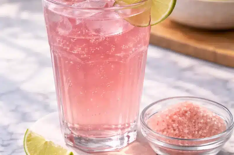 pink salt weight loss guide showing a pink drink with ice, lime slice, and a bowl of pink salt on a marble surface
