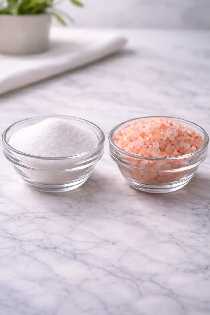 pink salt weight loss guide comparison showing regular white salt and pink salt crystals in glass bowls
