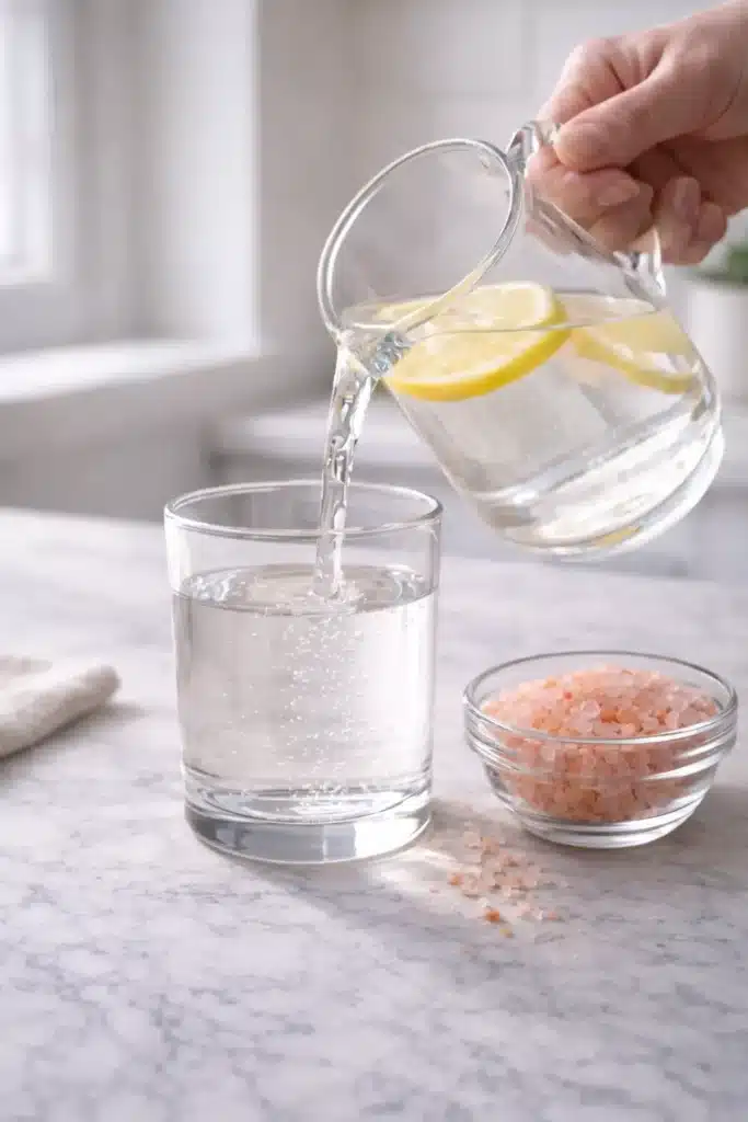pink salt weight loss guide showing water being poured into a glass beside a bowl of pink salt crystals