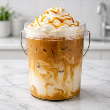 TikTok Coffee Bucket Recipe showing a creamy iced caramel coffee with milk swirls and whipped cream topping in a clear bucket-style cup