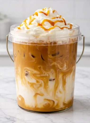 TikTok Coffee Bucket Recipe showing a creamy iced caramel coffee with milk swirls and whipped cream topping in a clear bucket-style cup