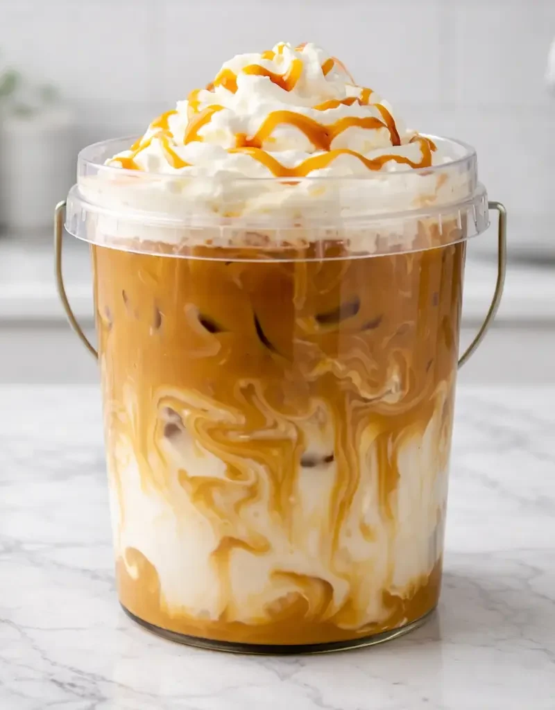 TikTok Coffee Bucket Recipe showing a creamy iced caramel coffee with milk swirls and whipped cream topping in a clear bucket-style cup