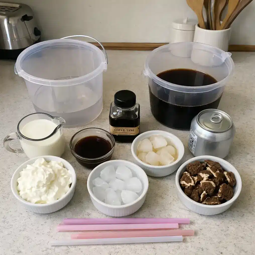 TikTok Coffee Bucket Recipe ingredients arranged on a kitchen countertop including cold brew coffee, milk, ice, syrup, whipped cream, and mix-ins