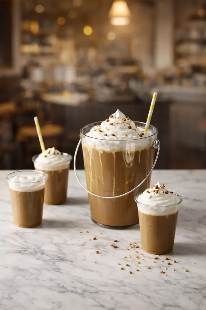 TikTok Coffee Bucket Recipe displayed in a large bucket-style cup with smaller servings, topped with whipped cream and caramel crunch in a café setting