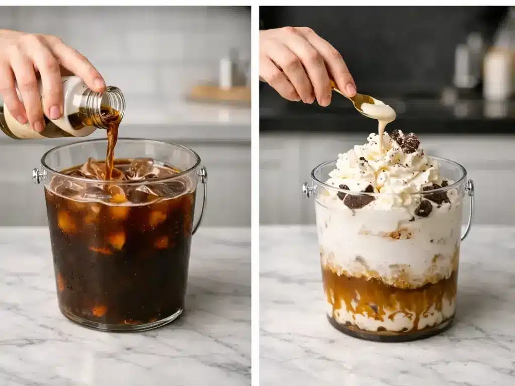 TikTok Coffee Bucket Recipe step-by-step collage showing ice added to a bucket, coffee poured over ice, and finished drink topped with whipped cream