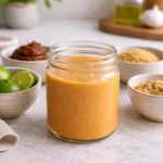 Tram Sauce Recipe shown as a creamy orange sauce stored in a glass jar with spices and lime