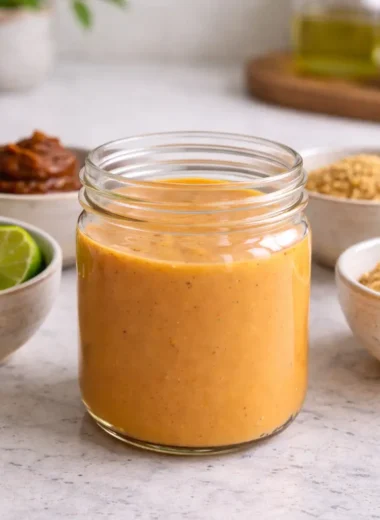 Tram Sauce Recipe shown as a creamy orange sauce stored in a glass jar with spices and lime