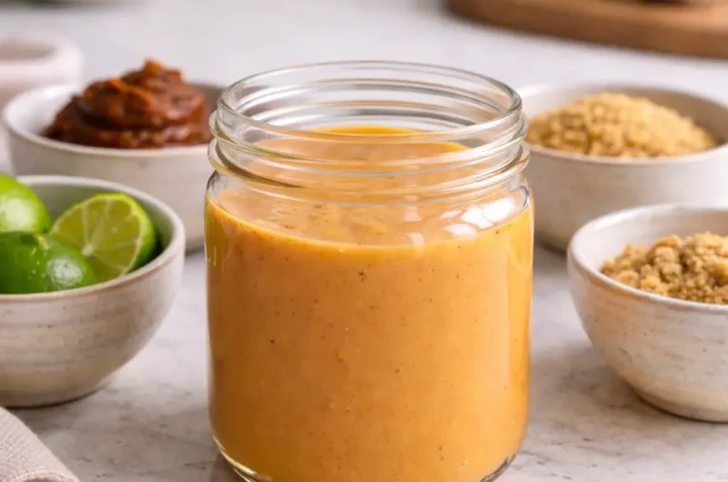 Tram Sauce Recipe shown as a creamy orange sauce stored in a glass jar with spices and lime