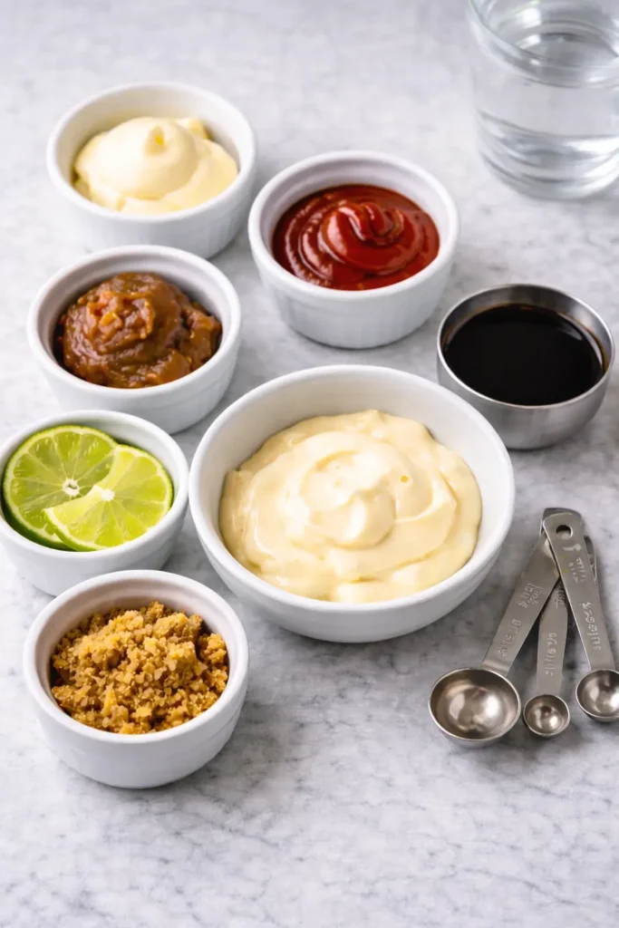 Tram Sauce Recipe ingredients arranged in small bowls including mayonnaise, ketchup, lime, and seasonings