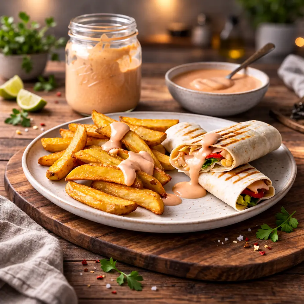 Tram Sauce Recipe served with crispy fries and grilled wraps topped with creamy tram sauce