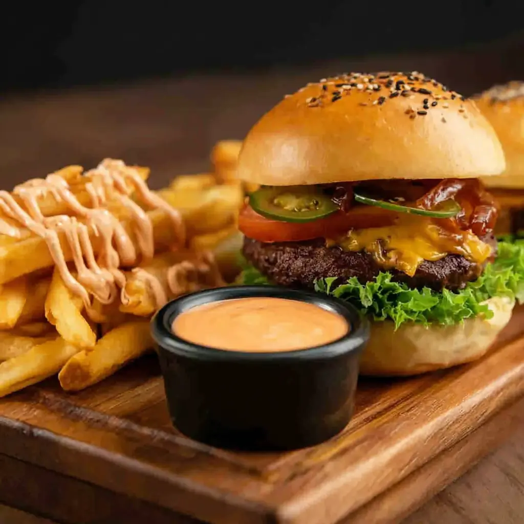 Warlockian Sauce Recipe with Burger, Fries, and Jalapeños