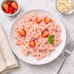 Strawberry pasta recipe with creamy pink sauce, farfalle pasta, fresh strawberry slices, and sliced almonds on a white plate.