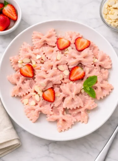 Strawberry pasta recipe with creamy pink sauce, farfalle pasta, fresh strawberry slices, and sliced almonds on a white plate.