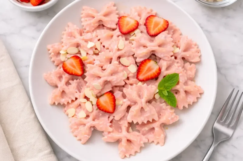 Strawberry pasta recipe with creamy pink sauce, farfalle pasta, fresh strawberry slices, and sliced almonds on a white plate.