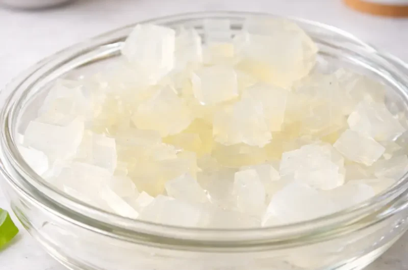 Gelatin Trick for Weight Loss gelatin cubes in a glass bowl prepared for a viral weight loss recipe