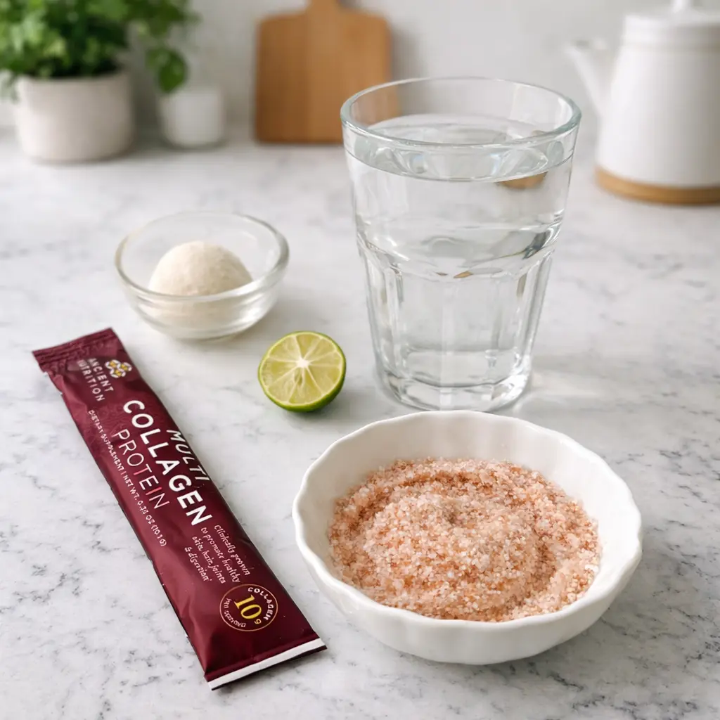 Gelatin Trick for Weight Loss ingredients including collagen powder, gelatin powder, pink salt, lemon, and a glass of water on a marble countertop