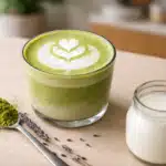 Lavender Matcha Latte served in a glass cup with creamy foam latte art, matcha powder on a spoon, dried lavender, and milk on a wooden table.