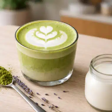 Lavender Matcha Latte served in a glass cup with creamy foam latte art, matcha powder on a spoon, dried lavender, and milk on a wooden table.
