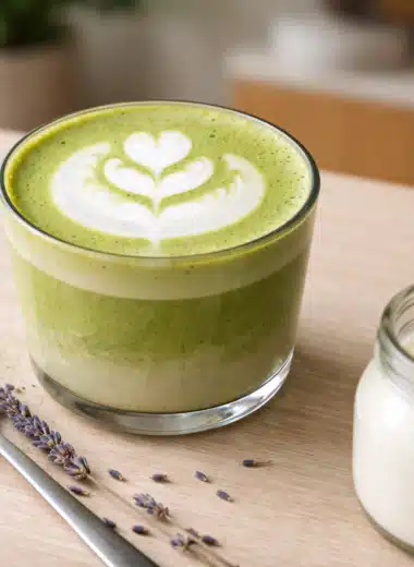 Lavender Matcha Latte served in a glass cup with creamy foam latte art, matcha powder on a spoon, dried lavender, and milk on a wooden table.