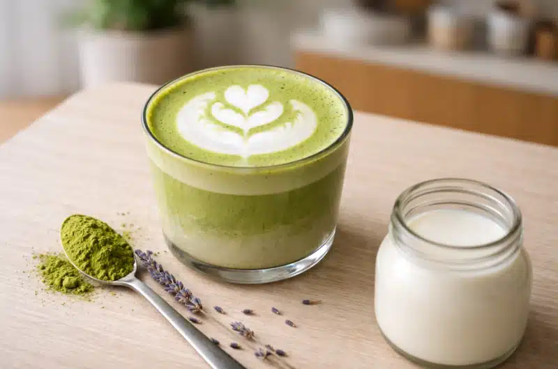 Lavender Matcha Latte served in a glass cup with creamy foam latte art, matcha powder on a spoon, dried lavender, and milk on a wooden table.