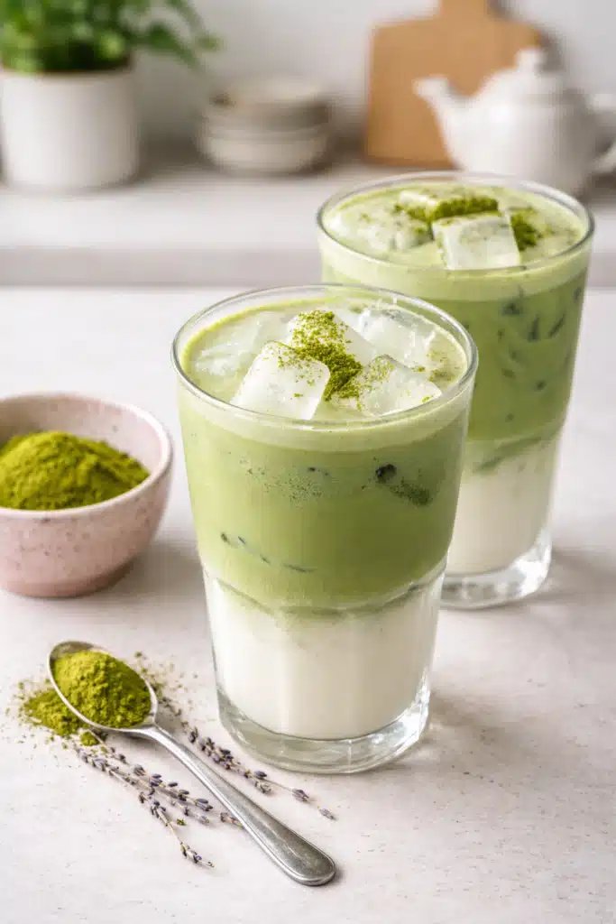 Lavender Matcha Latte iced drink layered with milk and matcha, topped with ice and matcha powder, served with lavender and matcha powder on a spoon.
