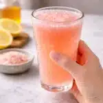 Hand holding a glass of pink salt fasting drink with lemon and Himalayan salt in the background showing that pink salt does not break a fast