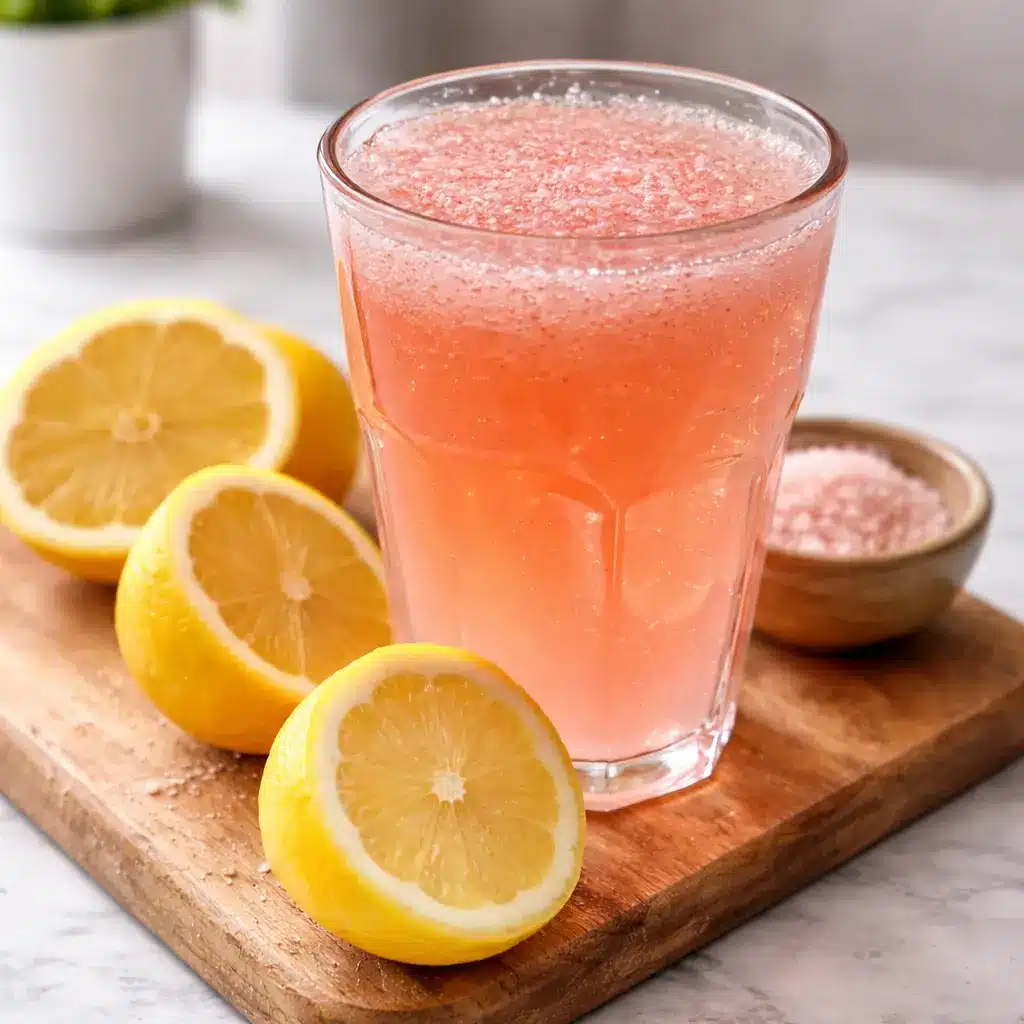 Glass of pink salt fasting drink with fresh lemon and Himalayan salt illustrating why pink salt does not break a fast
