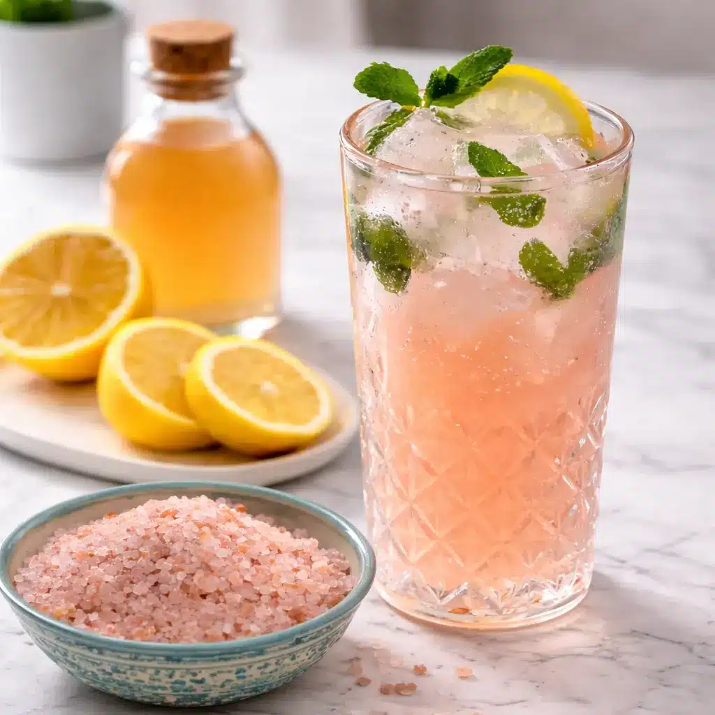 Pink salt fasting drink with lemon, mint, and Himalayan salt on a marble counter illustrating why pink salt does not break a fast