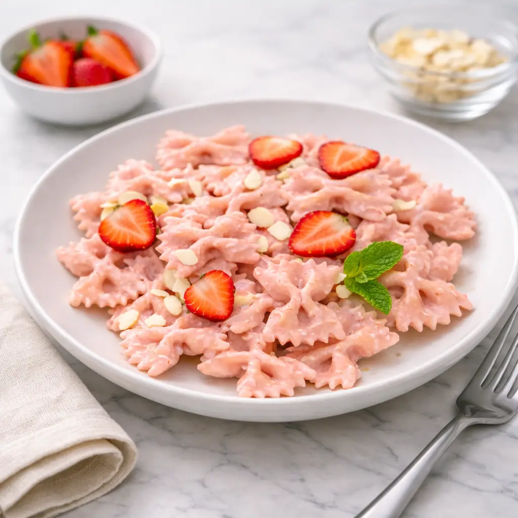 Strawberry pasta recipe served with creamy pink sauce, fresh strawberry slices, and almonds on farfalle pasta.