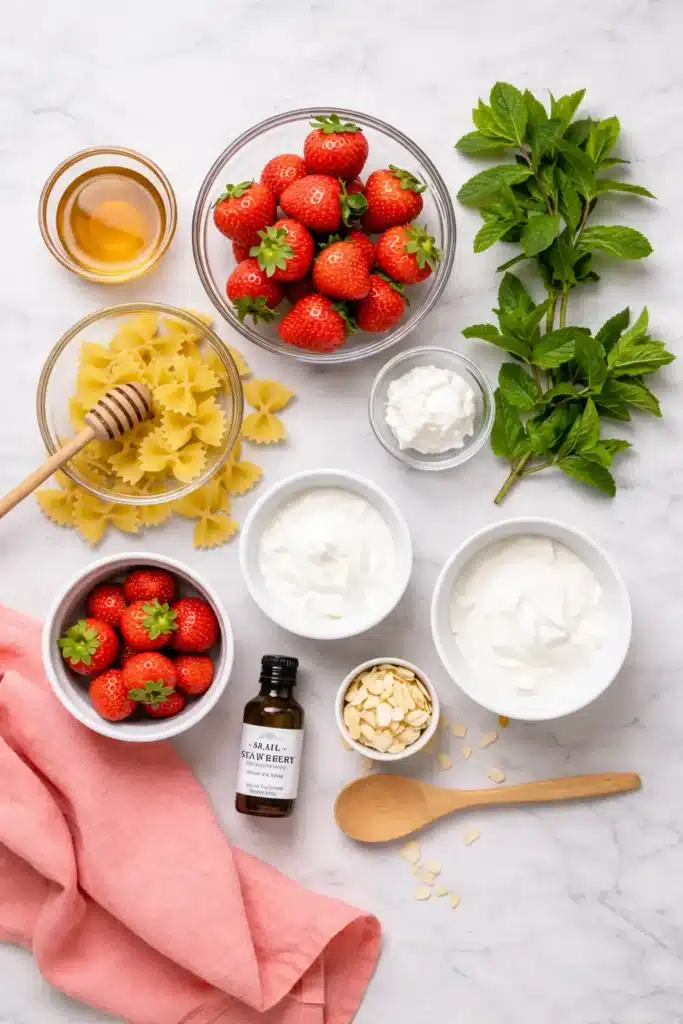 Ingredients for a strawberry pasta recipe including fresh strawberries, farfalle pasta, yogurt, honey, mint, and sliced almonds arranged on a marble surface.